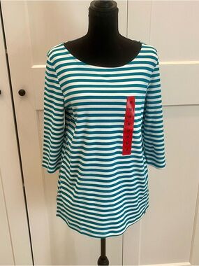 Lands’ End Striped Teal and White 3/4 Sleeve Boatneck Tee. Size medium, NWT.